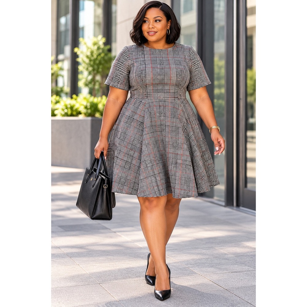Studio by Torrid Womans 1X Dress Plaid Pockets Fit and Flare Skater Career Brown